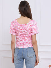Smocked Crop Top Slim Fit Peasant Floral Blouse