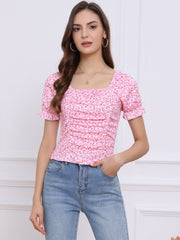 Smocked Crop Top Slim Fit Peasant Floral Blouse