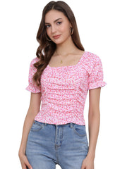 Smocked Crop Top Slim Fit Peasant Floral Blouse