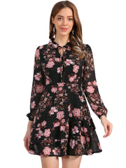 Floral V Neck Semi Sheer Layered Tiered Mini Dress