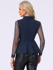Mesh Sheer Long Sleeve Blouse Turn Down Collar Keyhole Peplum Top