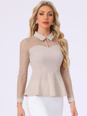 Mesh Sheer Long Sleeve Blouse Turn Down Collar Keyhole Peplum Top