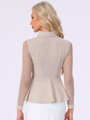 Mesh Sheer Long Sleeve Blouse Turn Down Collar Keyhole Peplum Top