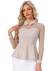 Mesh Sheer Long Sleeve Blouse Turn Down Collar Keyhole Peplum Top