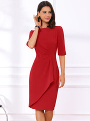 Ruched Puff Short Sleeve Work Sheath Midi Dress