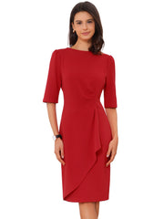 Ruched Puff Short Sleeve Work Sheath Midi Dress