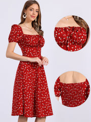 Square Neck Smocked Shirred Puff Sleeves Floral Midi Dress