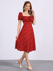 Square Neck Smocked Shirred Puff Sleeves Floral Midi Dress