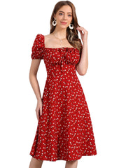 Square Neck Smocked Shirred Puff Sleeves Floral Midi Dress