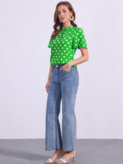 Polka Dots Stand Collar Pleat Keyhole Short Flare Sleeve Blouse