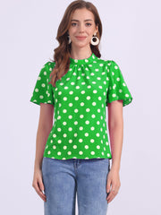 Polka Dots Stand Collar Pleat Keyhole Short Flare Sleeve Blouse