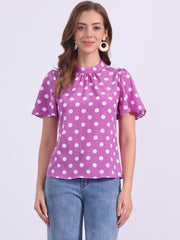 Polka Dots Stand Collar Pleat Keyhole Short Flare Sleeve Blouse