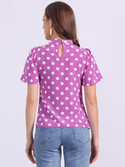 Polka Dots Stand Collar Pleat Keyhole Short Flare Sleeve Blouse