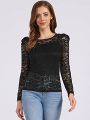 Retro Semi Sheer Puff Long Sleeve Embroidery Lace Blouse