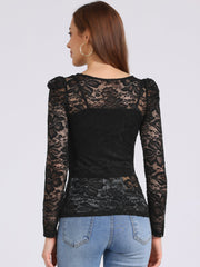 Retro Semi Sheer Puff Long Sleeve Embroidery Lace Blouse
