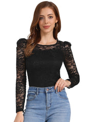 Retro Semi Sheer Puff Long Sleeve Embroidery Lace Blouse