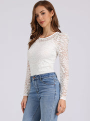 Retro Semi Sheer Puff Long Sleeve Embroidery Lace Blouse