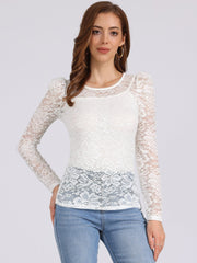 Retro Semi Sheer Puff Long Sleeve Embroidery Lace Blouse