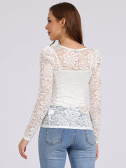 Retro Semi Sheer Puff Long Sleeve Embroidery Lace Blouse