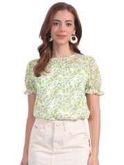 Chiffon Short Sleeve Ruffled Trim Floral Blouse Top