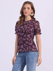 Chiffon Short Sleeve Ruffled Trim Floral Blouse Top