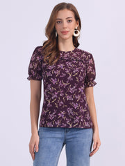 Chiffon Short Sleeve Ruffled Trim Floral Blouse Top