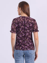 Chiffon Short Sleeve Ruffled Trim Floral Blouse Top
