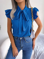 Ruffled Cap Sleeves Lace-Up Bow Casual Blouse
