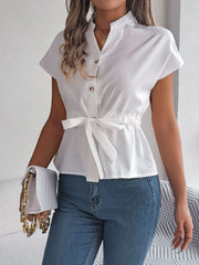 Button Down Drawstring Short Sleeve Blouse