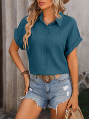 Drop Shoulder Short Sleeve Textured Casual Blouse