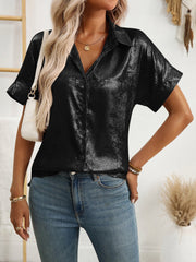 Notched Lapel Metallic Button Down Shirt