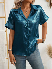 Notched Lapel Metallic Button Down Shirt