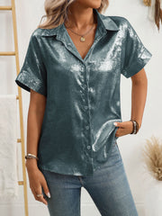 Notched Lapel Metallic Button Down Shirt