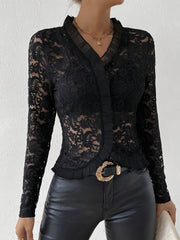 Lace Ruffled Sheer Long Sleeves Blouse