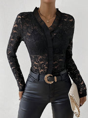 Lace Ruffled Sheer Long Sleeves Blouse
