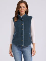Fleece Plush Pockets Buttons Sleeveless Fuzzy Jacket Vest
