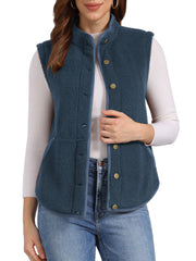 Fleece Plush Pockets Buttons Sleeveless Fuzzy Jacket Vest