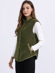Fleece Plush Pockets Buttons Sleeveless Fuzzy Jacket Vest
