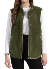 Fleece Plush Pockets Buttons Sleeveless Fuzzy Jacket Vest