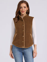 Fleece Plush Pockets Buttons Sleeveless Fuzzy Jacket Vest