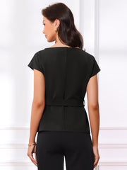Cap Sleeve Boat Neck Office Work Belted Tops