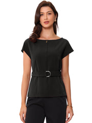 Cap Sleeve Boat Neck Office Work Belted Tops