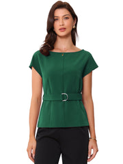 Cap Sleeve Boat Neck Office Work Belted Tops