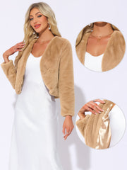Faux Fur Long Sleeve Open Front Bolero Winter Coat Cropped Jacket