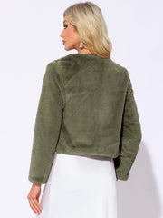 Long Sleeve Open Front Bolero Winter Cropped Faux Fur Jacket