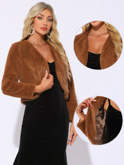 Faux Fur Long Sleeve Open Front Bolero Winter Coat Cropped Jacket