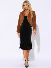 Faux Fur Long Sleeve Open Front Bolero Winter Coat Cropped Jacket