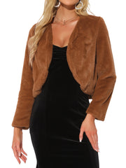 Faux Fur Long Sleeve Open Front Bolero Winter Coat Cropped Jacket