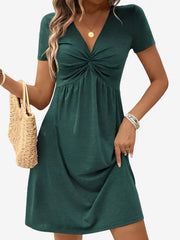 V Neck Short Sleeves Ruched Casual Mini Dress