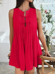 Solid Color Lace-Up Pleated Sleeveless Mini Dress